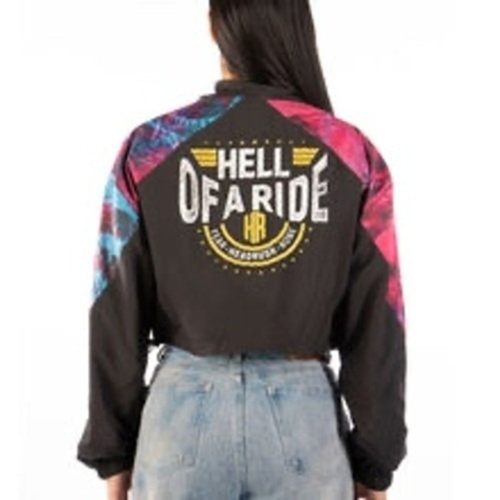Headrush Cropped Windbreaker Womens Small Black Pink Blue Hell of a Ride Jacket